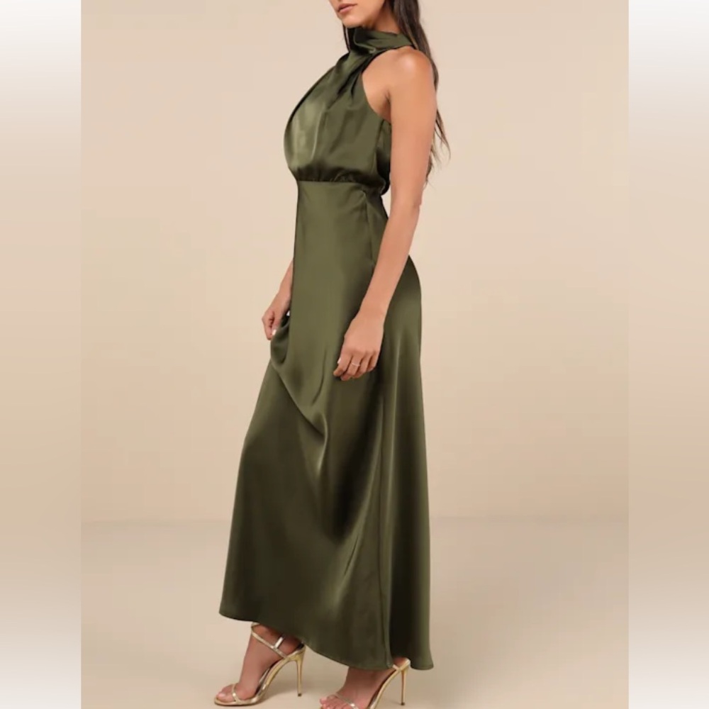 NWT Lulus Distinctive Charm Olive Green Satin Asymmetrical Maxi Dress - Picture 4 of 4